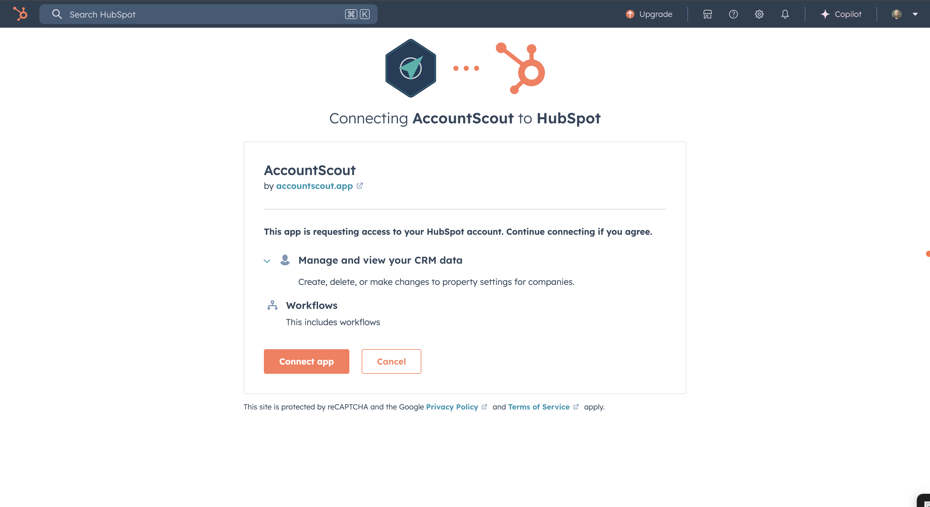 HubSpot app connection screen