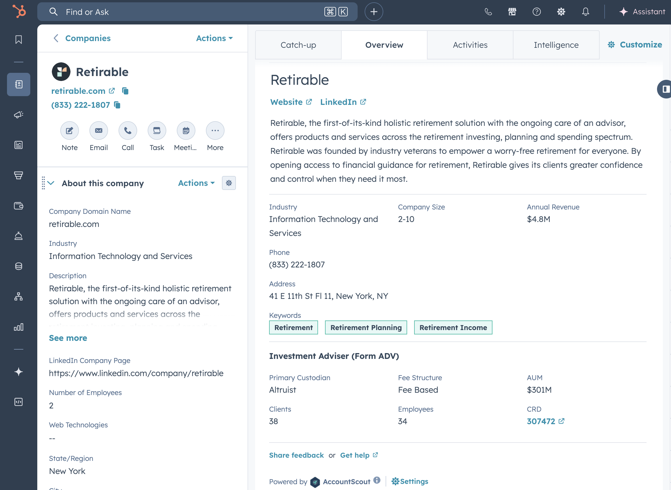 AccountScout CRM card showing Retirable's Form ADV data including AUM, primary custodian, fee structure, and client count