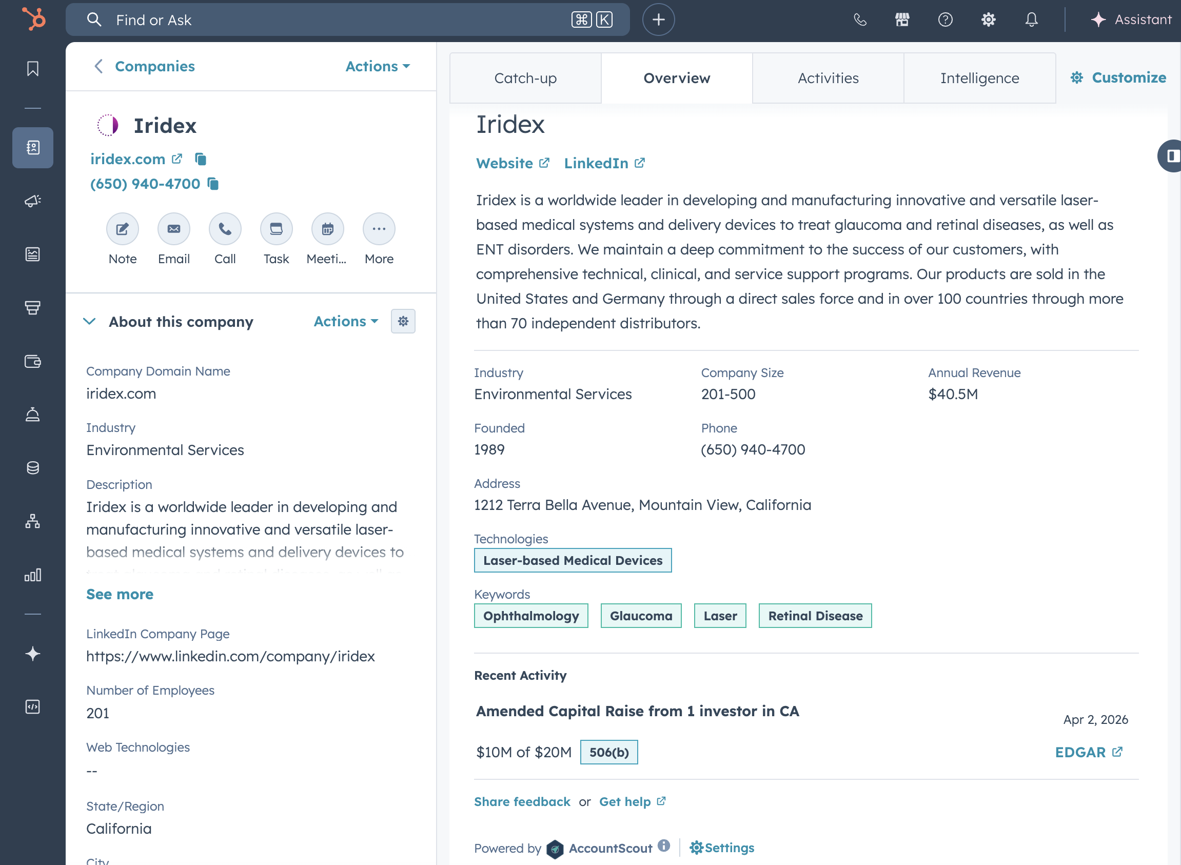 AccountScout CRM card showing Iridex SEC EDGAR filing with capital raise details, technologies, and industry keywords