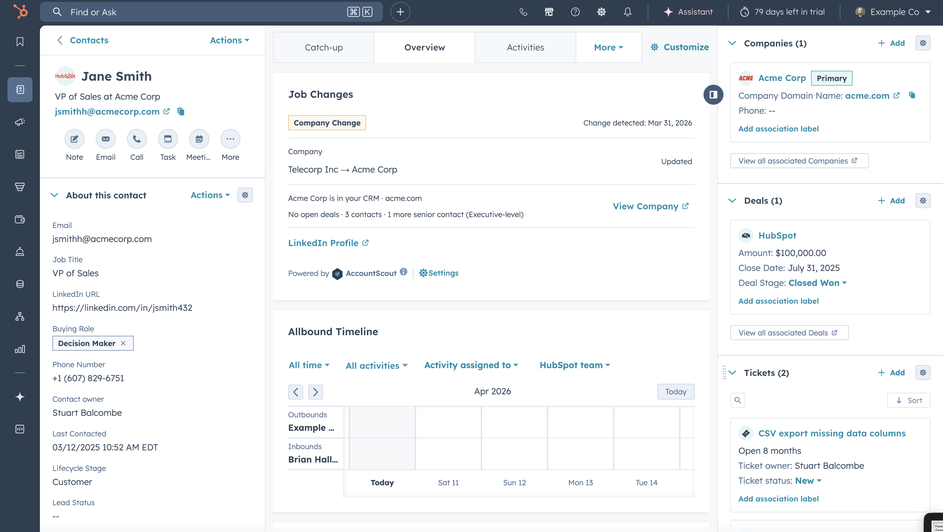 AccountScout Job Changes CRM card showing contact moved from Telecorp Inc to Acme Corp with change date and company details