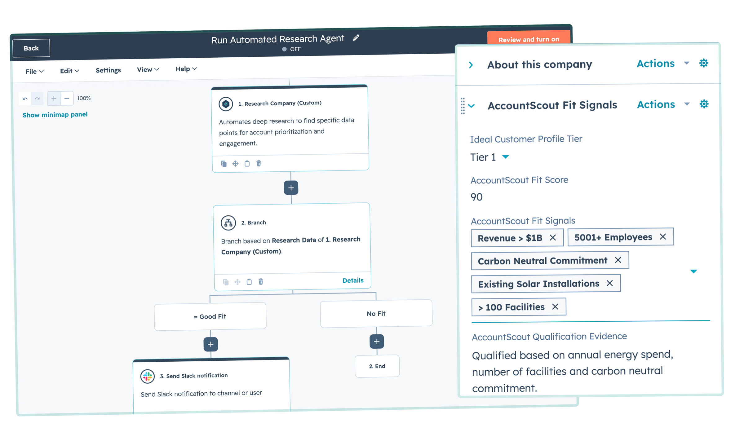 HubSpot workflow with AccountScout Research Company action branching on fit score, plus AccountScout Fit Signals showing Tier 1, Score 90, and custom signals