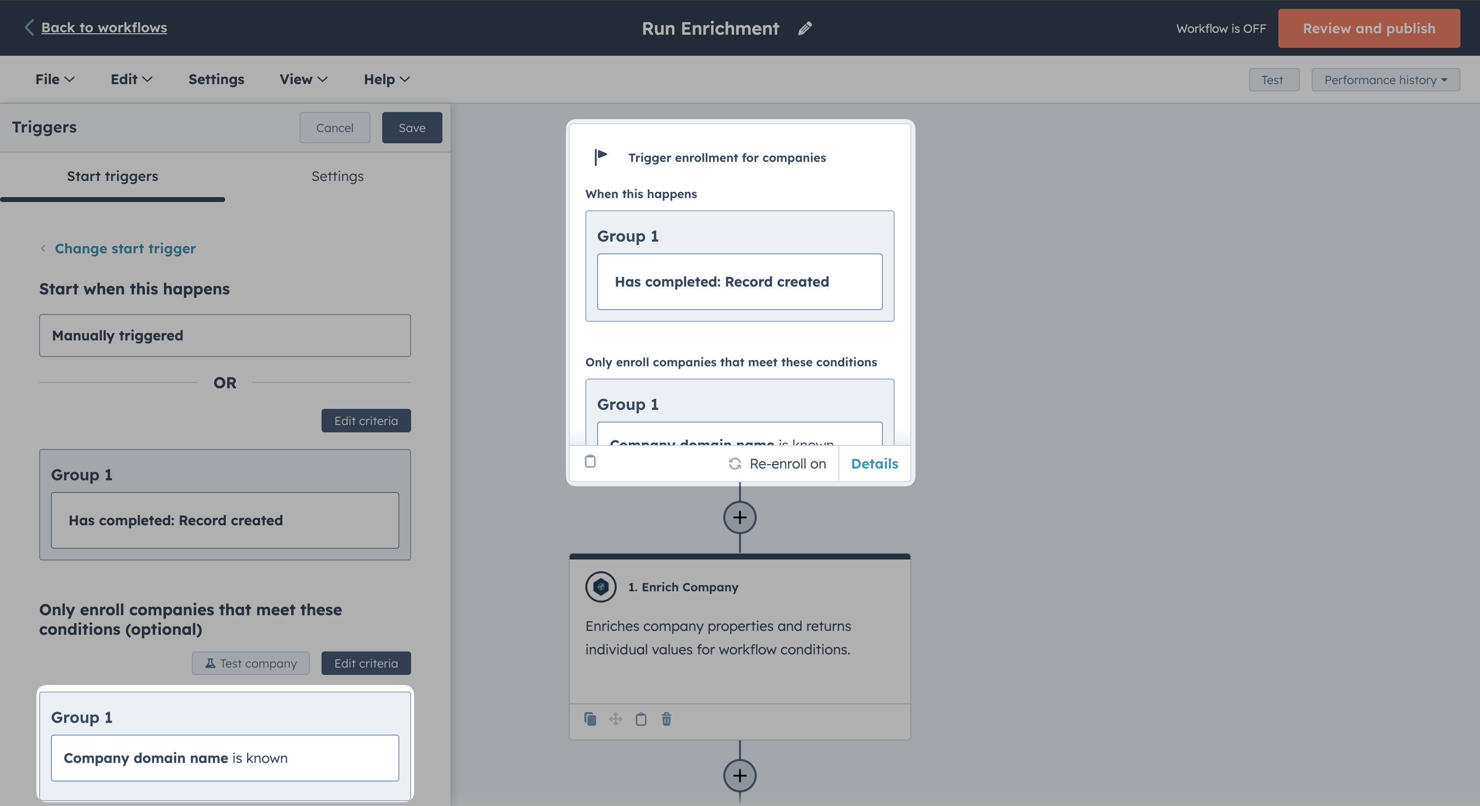 Trigger enrichment workflow in HubSpot