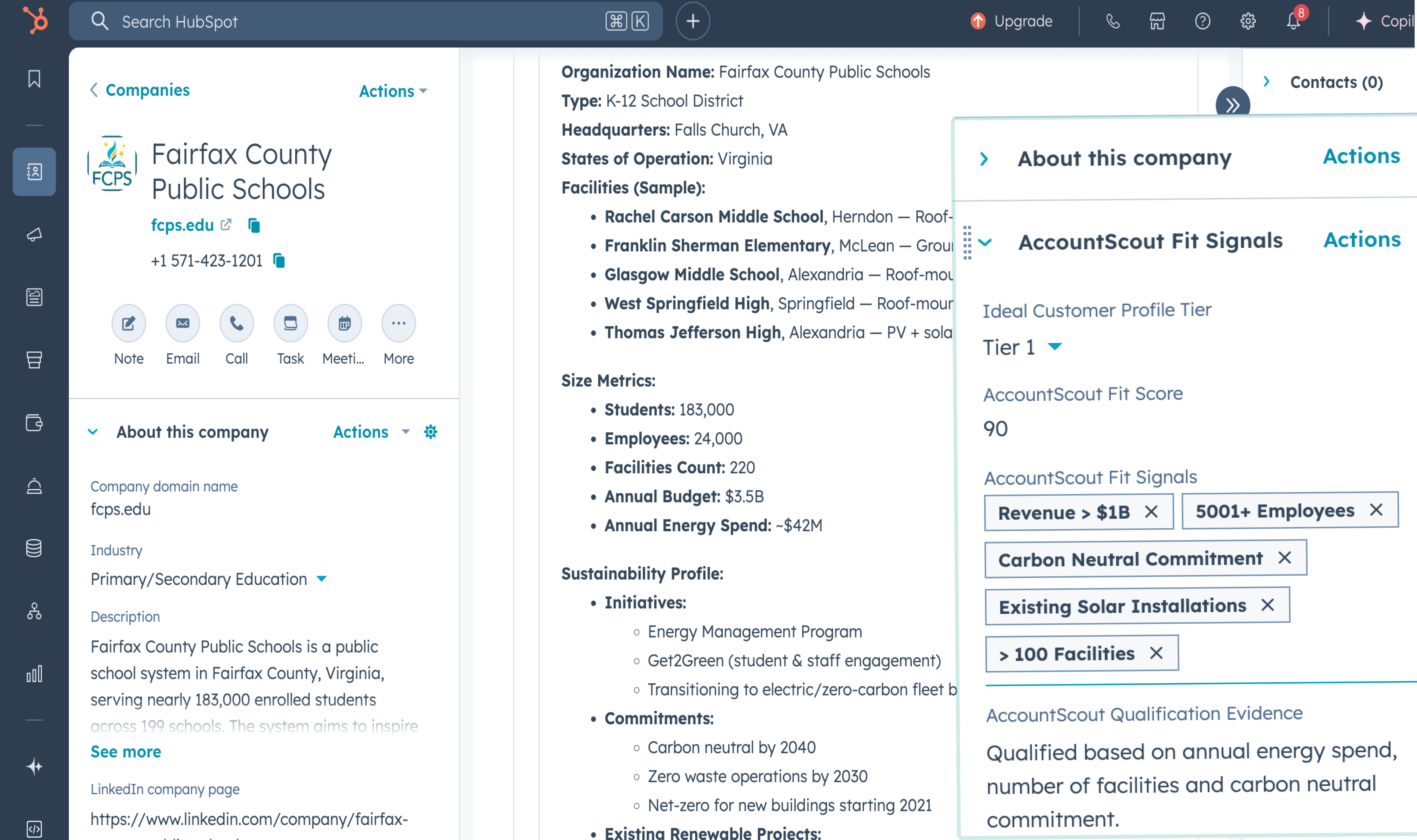 AccountScout fit signals on a HubSpot company record showing Fit Score 90, Tier 1, and custom signals like Revenue over $1B, 5001+ Employees, Carbon Neutral Commitment, and qualification evidence
